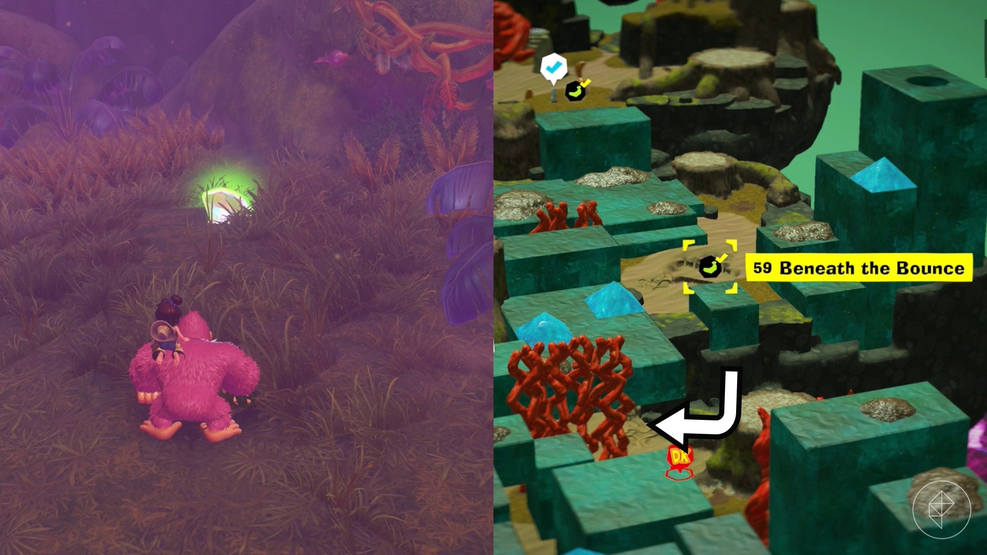Pink Donkey Kong standing in front of a grass patch that is hiding a golden banana in Donkey Kong Bananza.