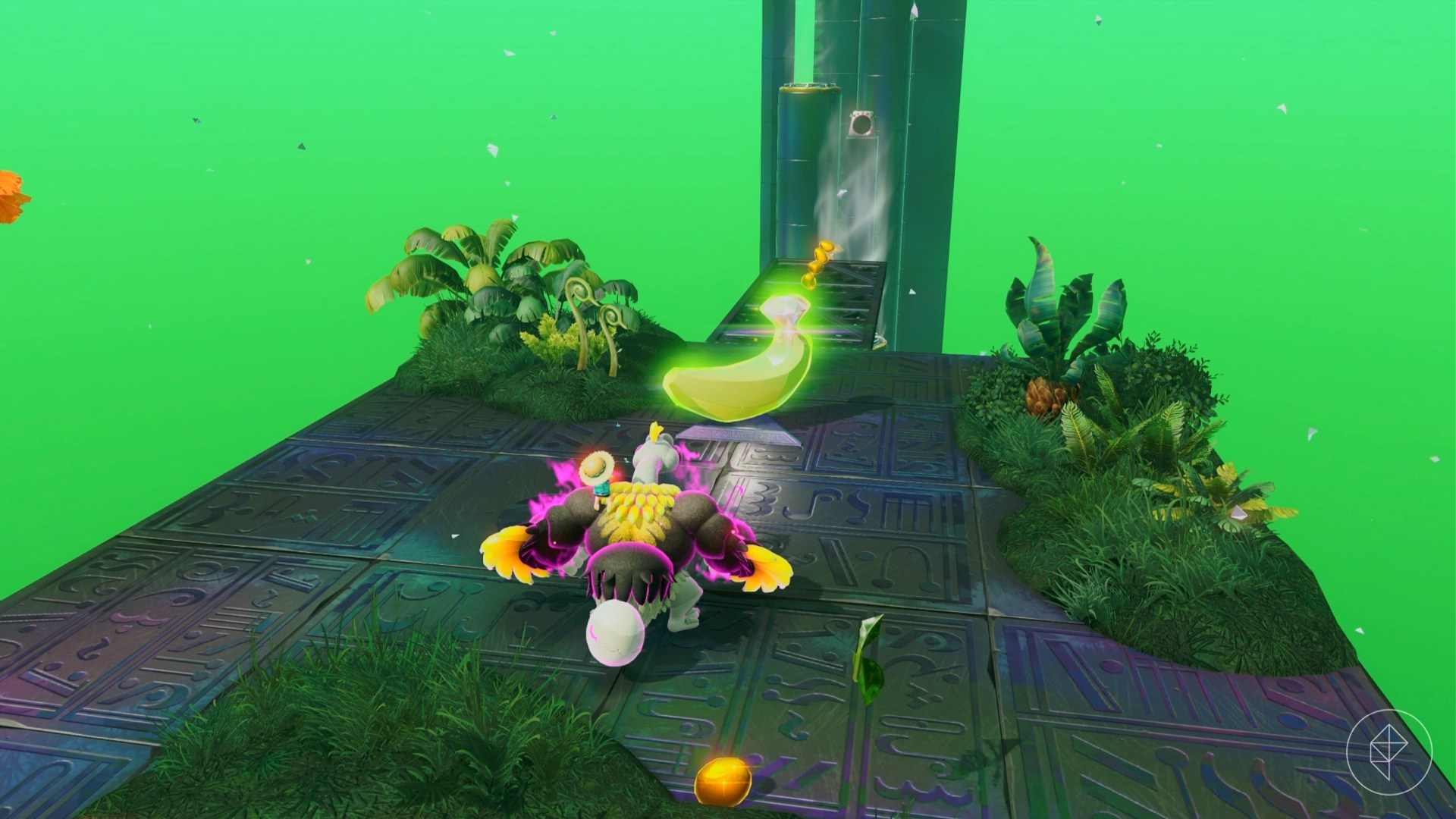 Donkey Kong in their ostrich form standing in front of a golden banana in Donkey Kong Bananza.
