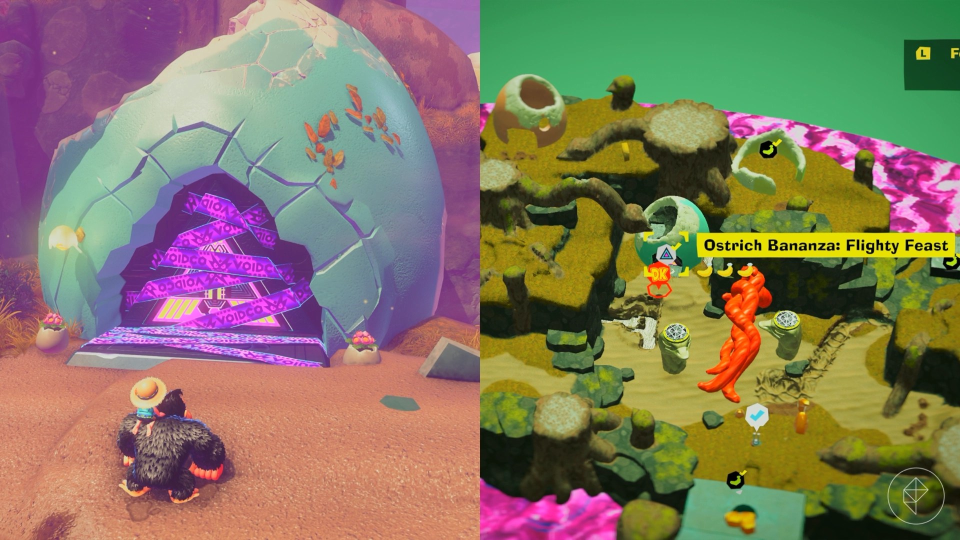 Donkey Kong standing in front of a sealed challenge course entryway which is situated inside a broken blue eggshell house.