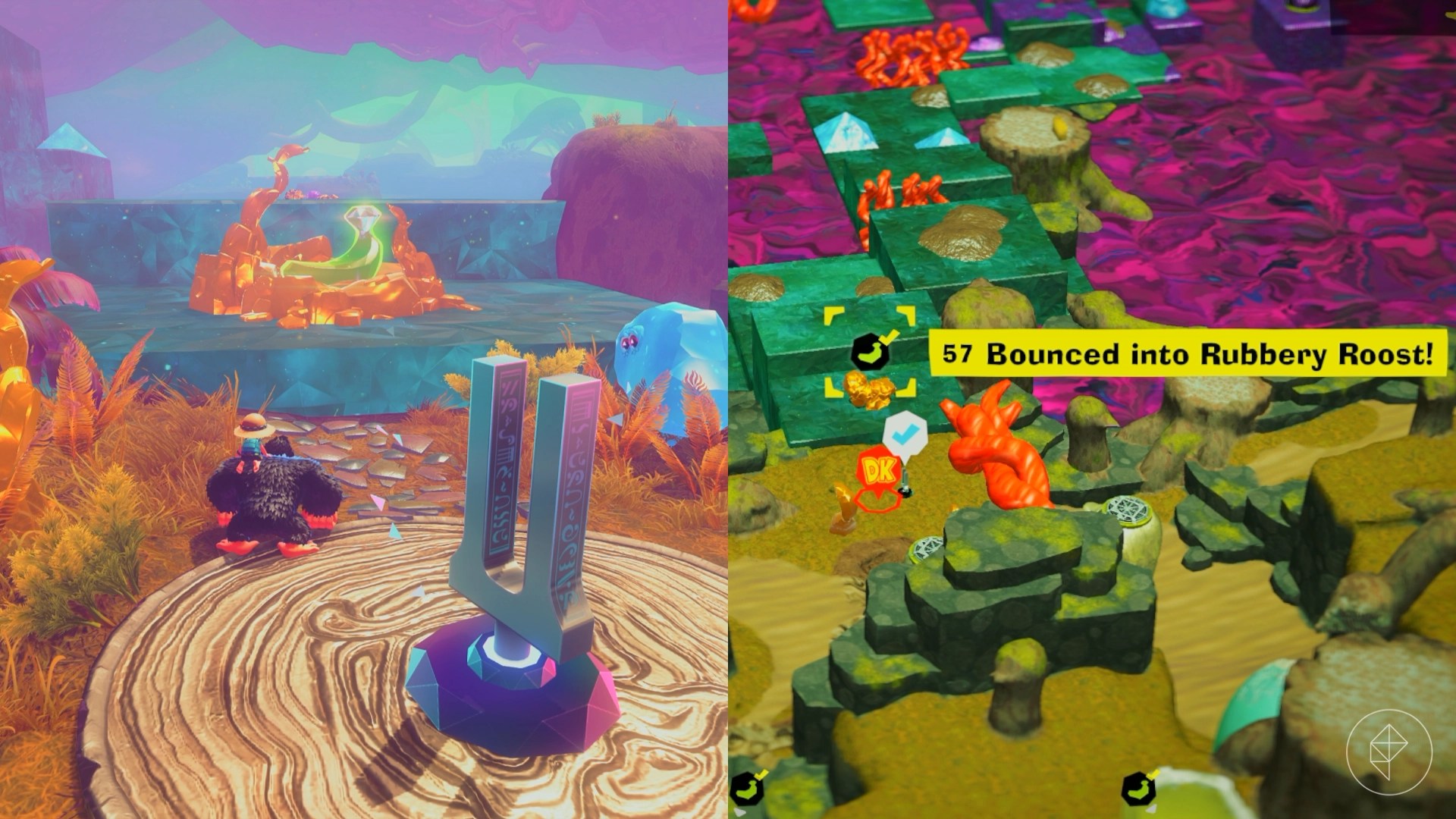 Donkey Kong standing beside a tuning fork and looking towards a golden banana encased in more gold in Donkey Kong Bananze.