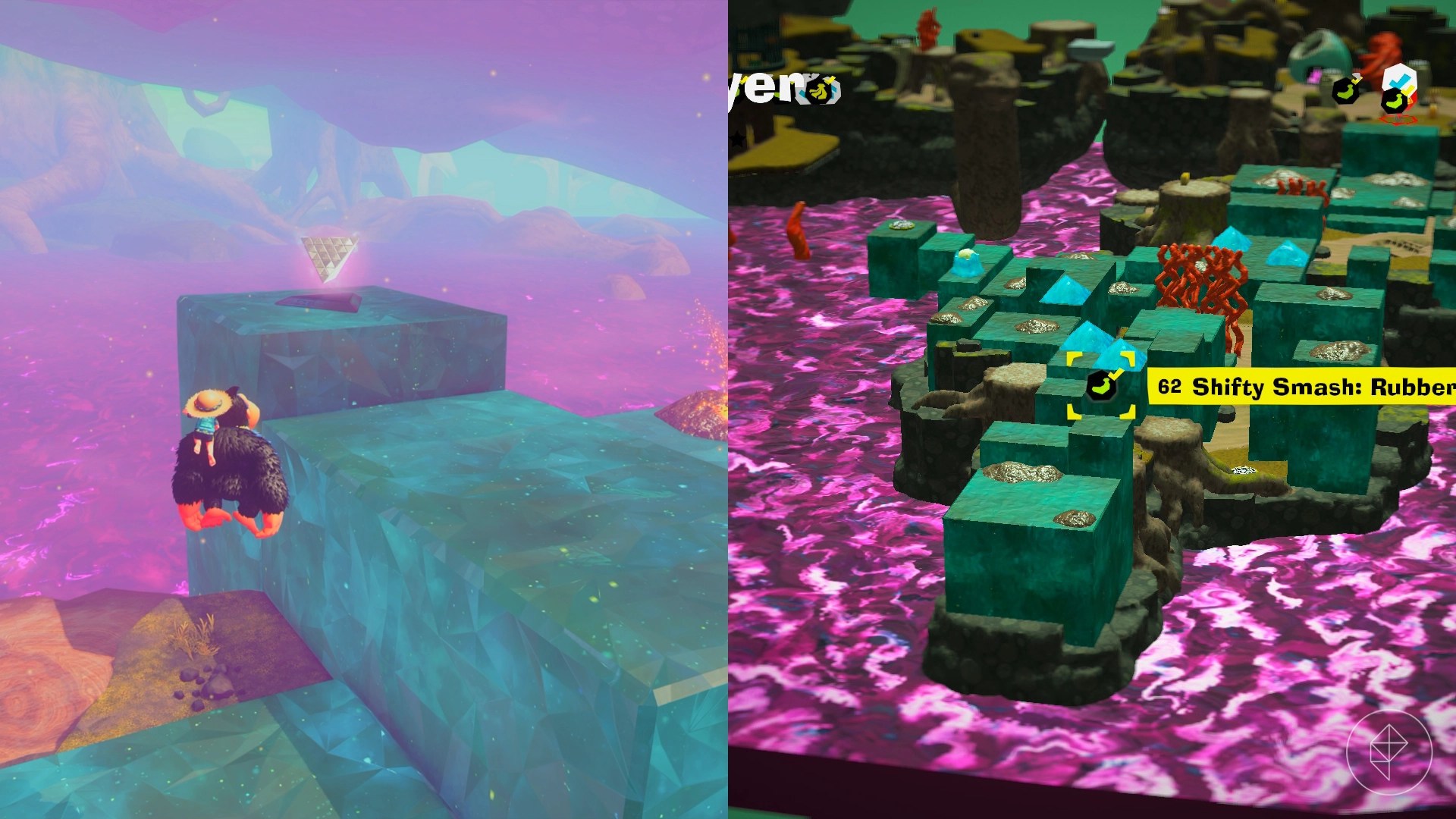 DK jumps off of a rubbery platform to see a glowing white triangular prism.