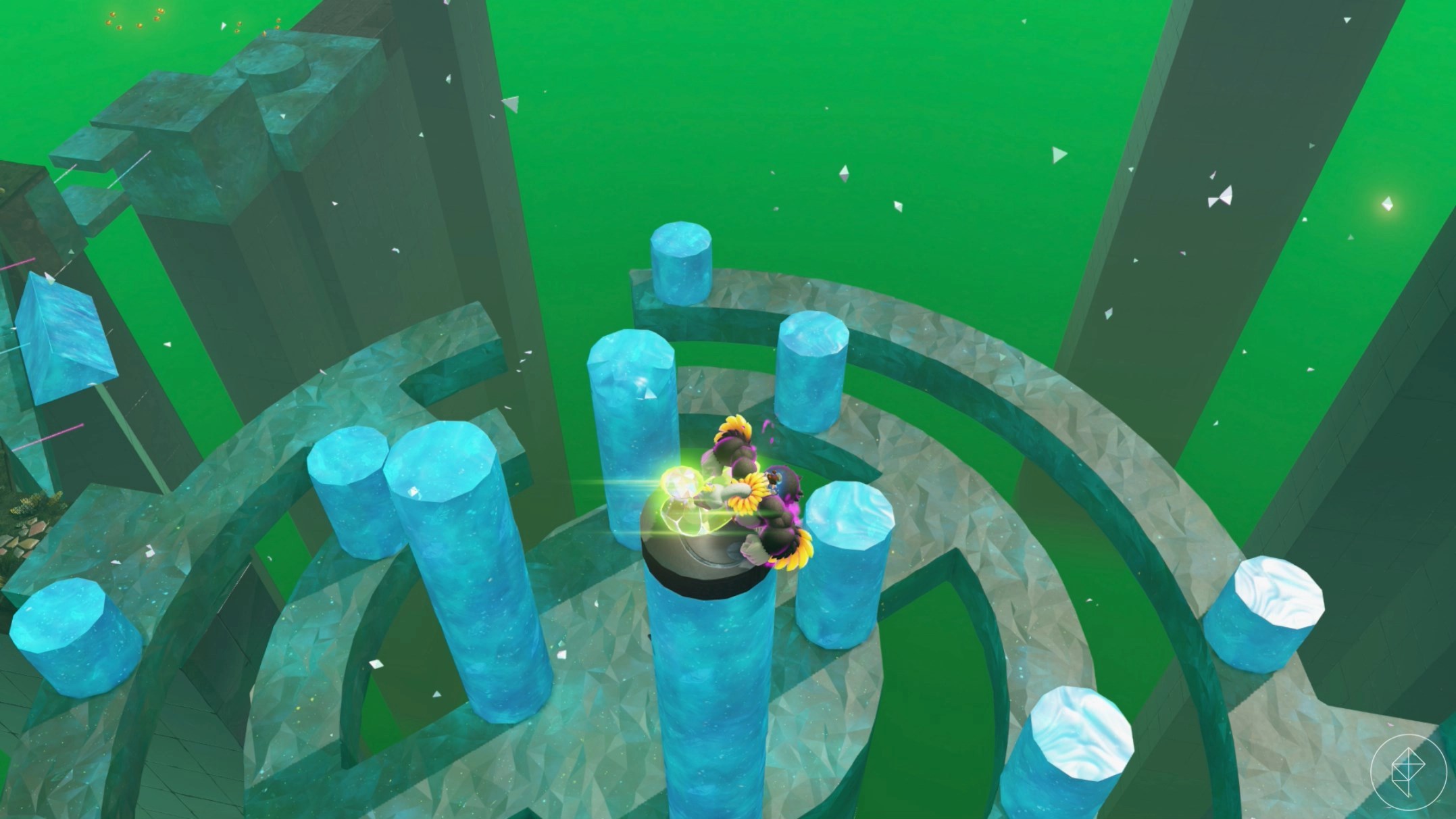 An ostrich standing beside a golden banana in an area full of blue pillars in Donkey Kong Bananza.