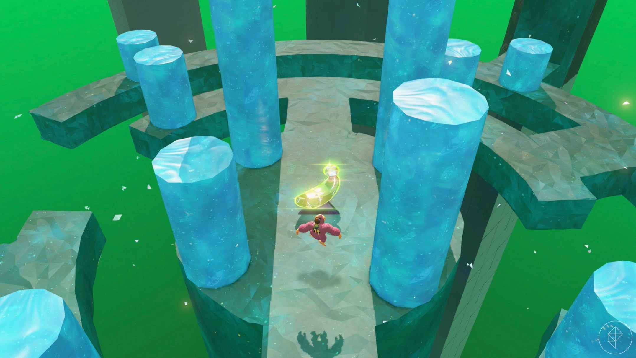 Pink Donkey Kong standing in front of a golden banana in an area full of blue pillars in Donkey Kong Bananza.
