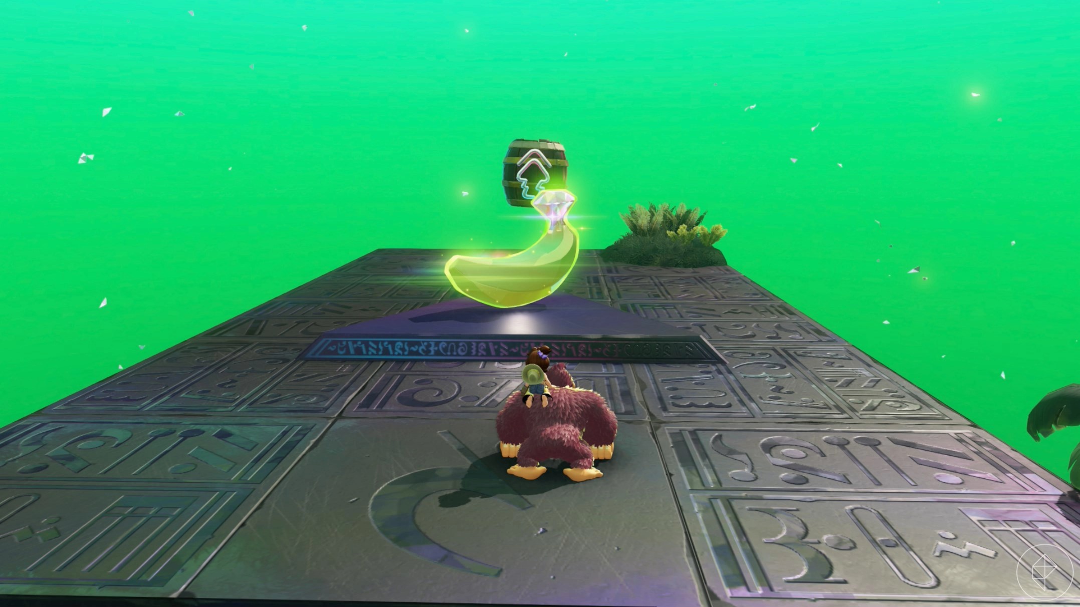Donkey Kong standing in front of a golden banana in a challenge course in the Forest Layer in Donkey Kong Bananza.
