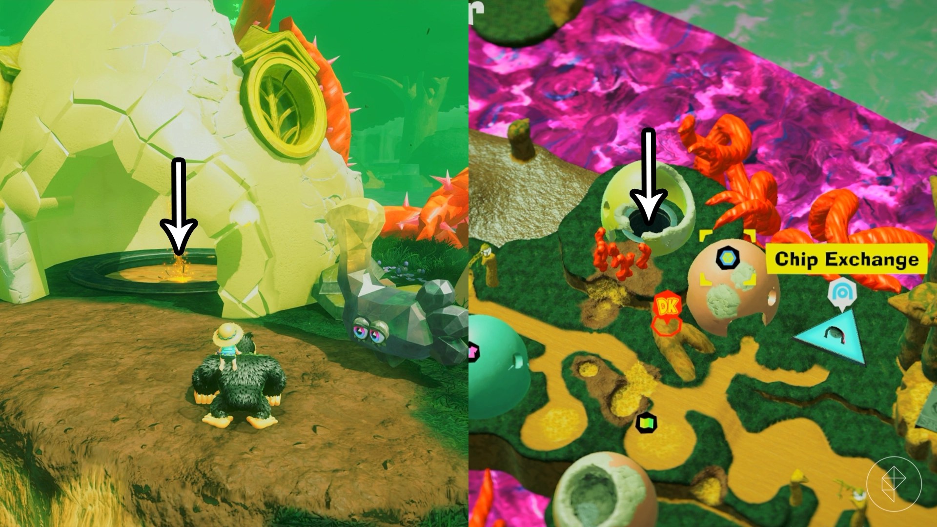 Donkey Kong standing in front of a broken egg shell house with arrows pointing down at the ground in Donkey Kong Bananza.