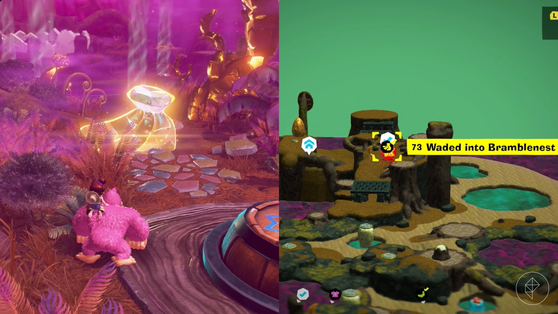 Donkey Kong standing in front of a chunk of golden bananas in the Forest Layer of Donkey Kong Bananza.