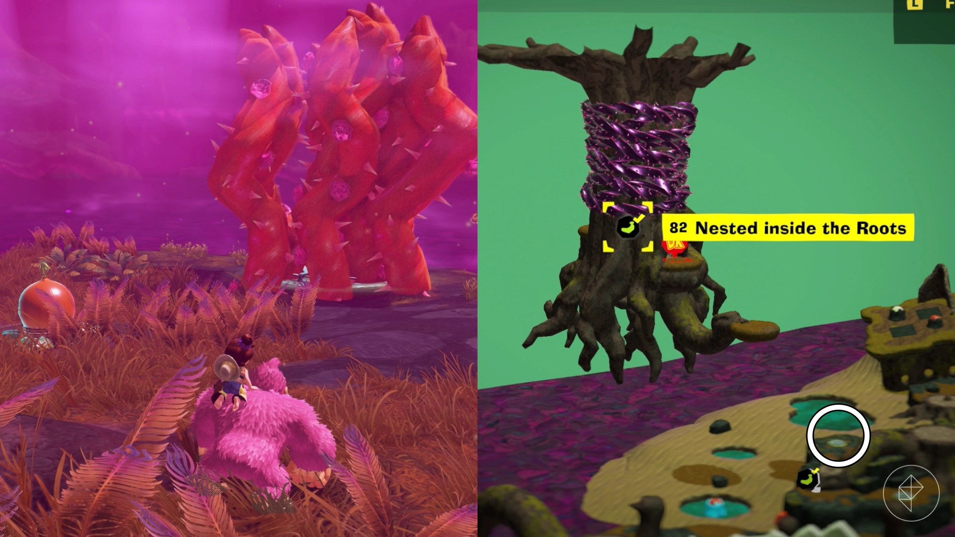 Donkey Kong standing in front of tall pink vines in a smoggy area in Donkey Kong Bananza.