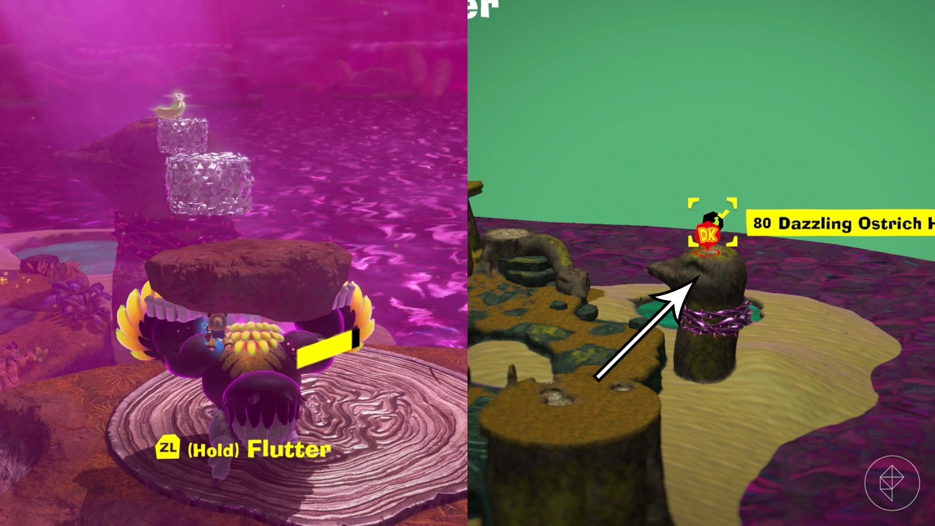 An ostrich holding a chunk of dirt is standing in front of glowing blocks and a banana in Donkey Kong Bananza.