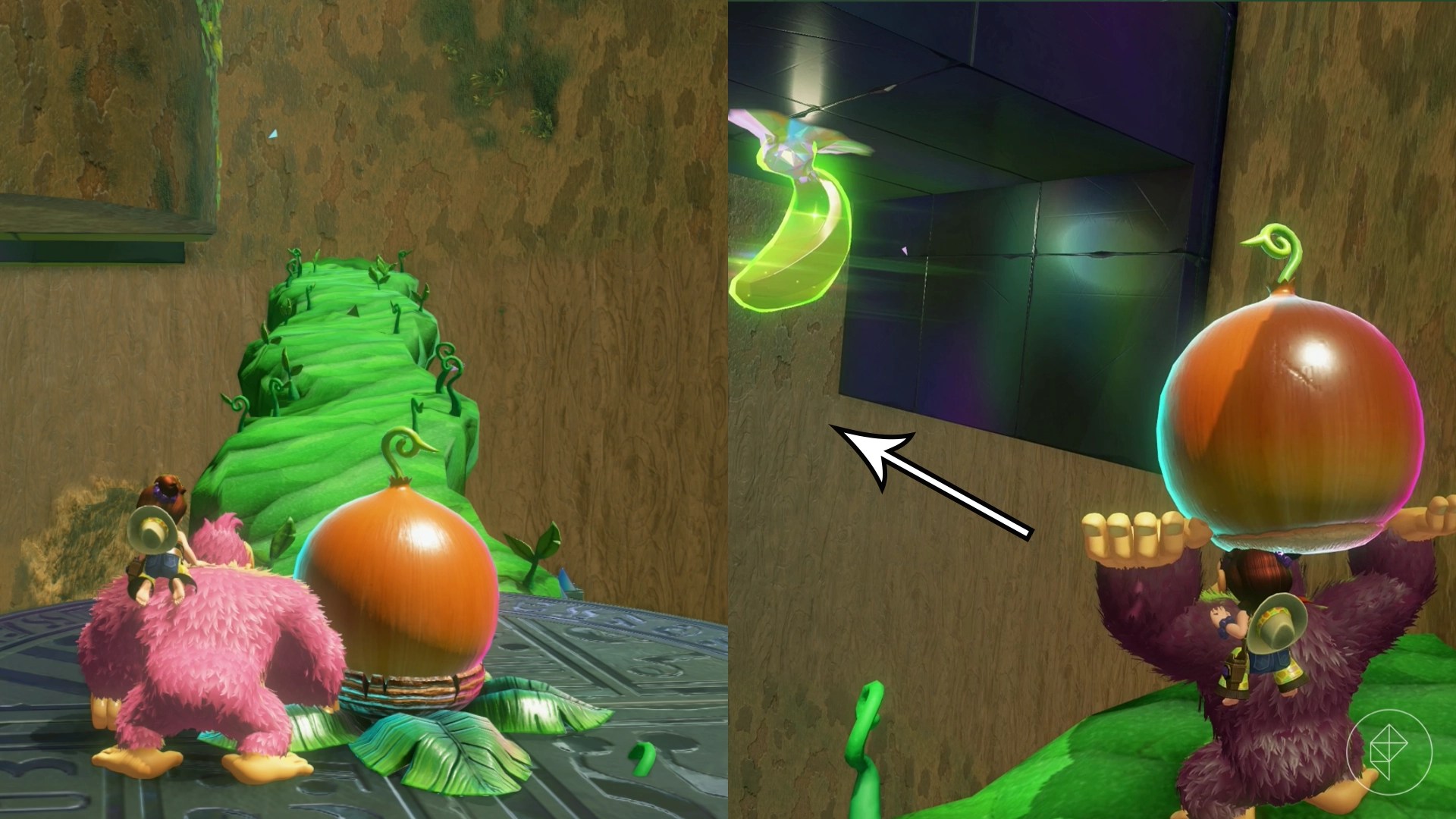 Donkey Kong standing beside a seed and a vine alongside another image of Donkey Kong holding a seed getting ready to throw it at a golden banana in Donkey Kong Bananza.