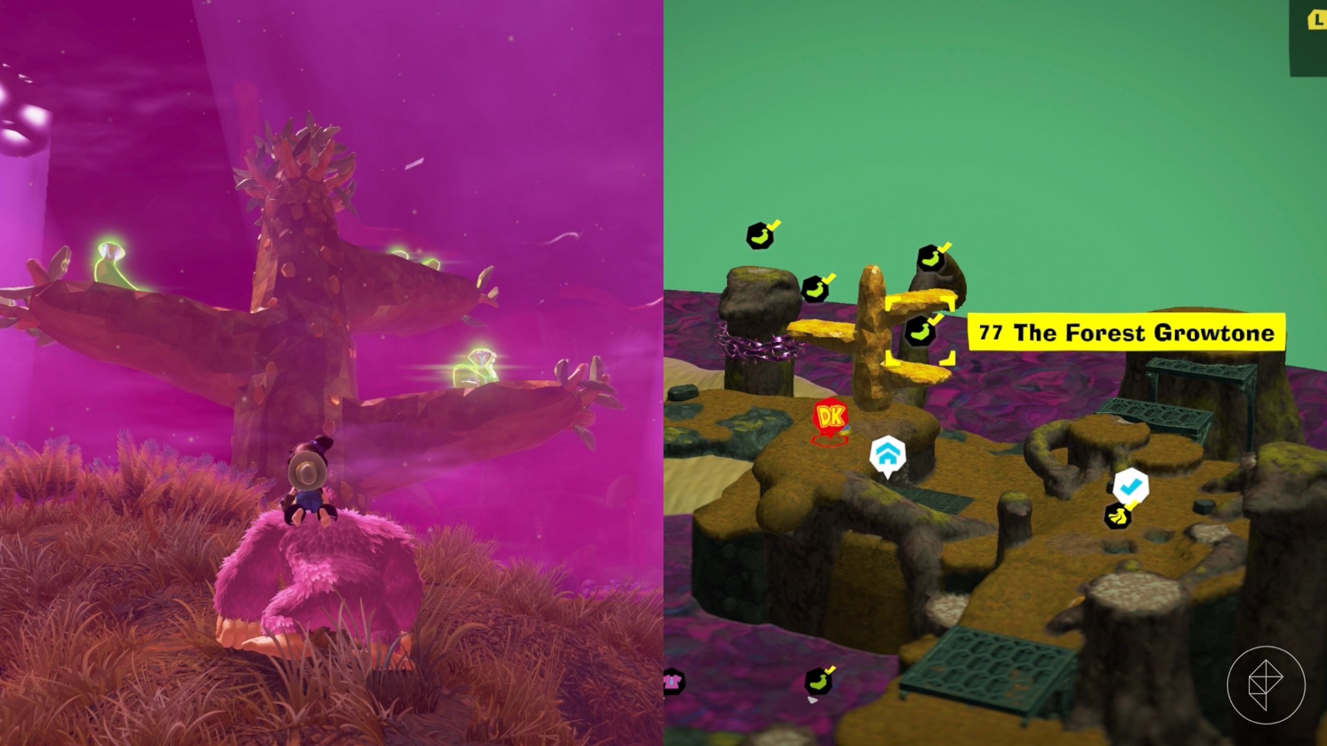 Donkey Kong standing in front of a golden tree which contains three Banandium Gems in Donkey Kong Bananza.