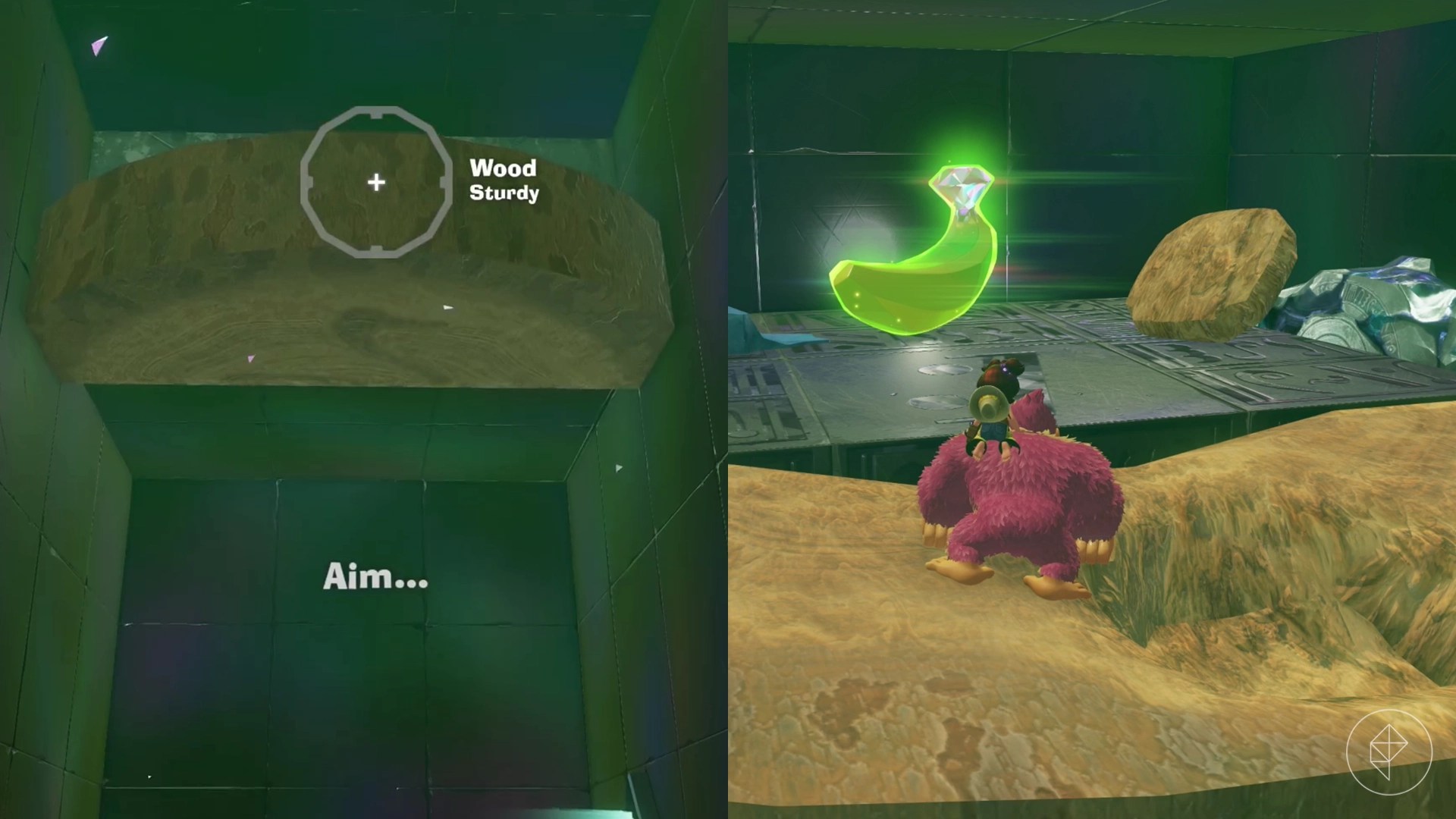 Donkey Kong aims at a wooden ledge in an Ancient Ruins in Donkey Kong Bananza.