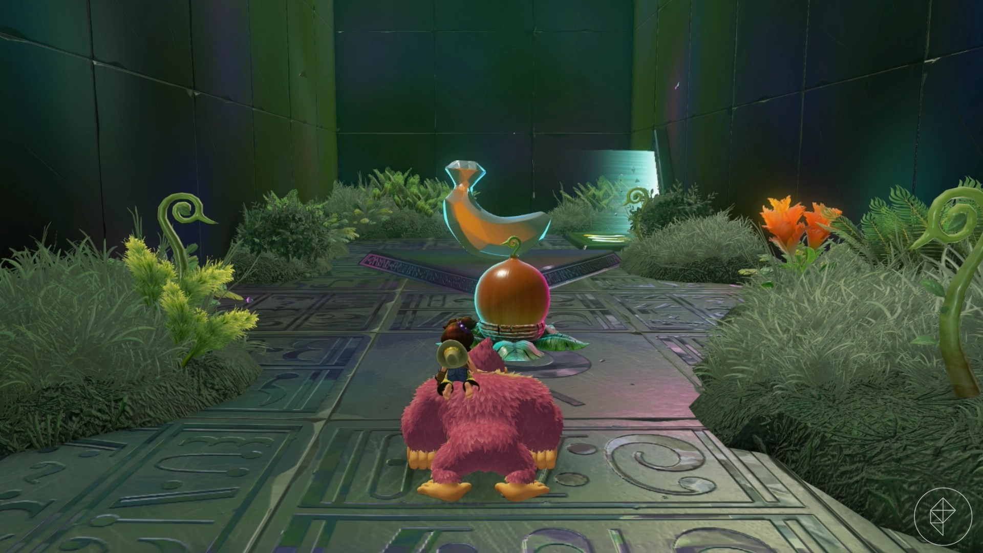 Donkey Kong standing before a seed and a golden banana in Donkey Kong Bananza.