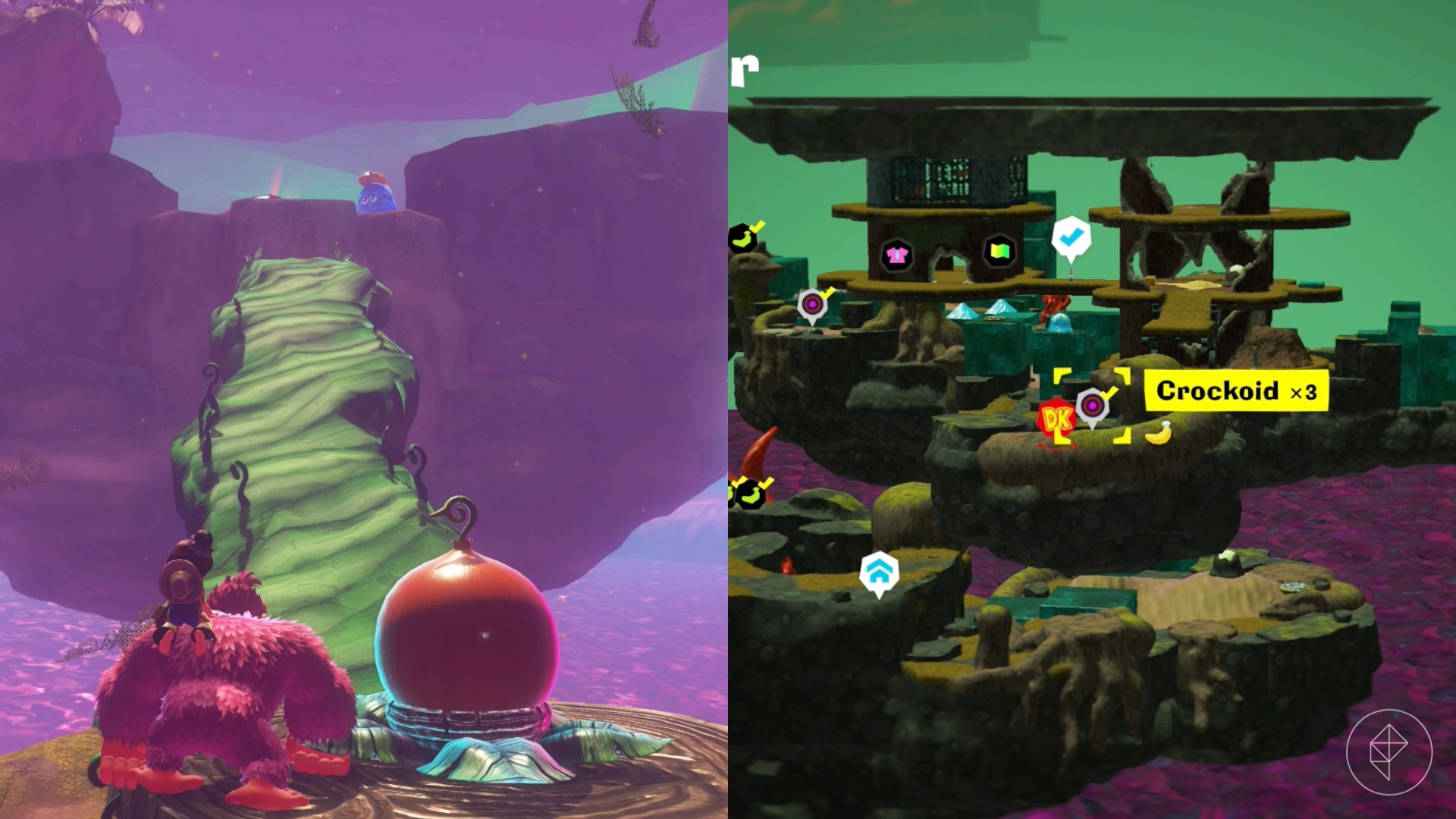Donkey Kong standing in front of a vine bridge that leads to a crystal with a construction hat in the Forest Layer of Donkey Kong Bananza.