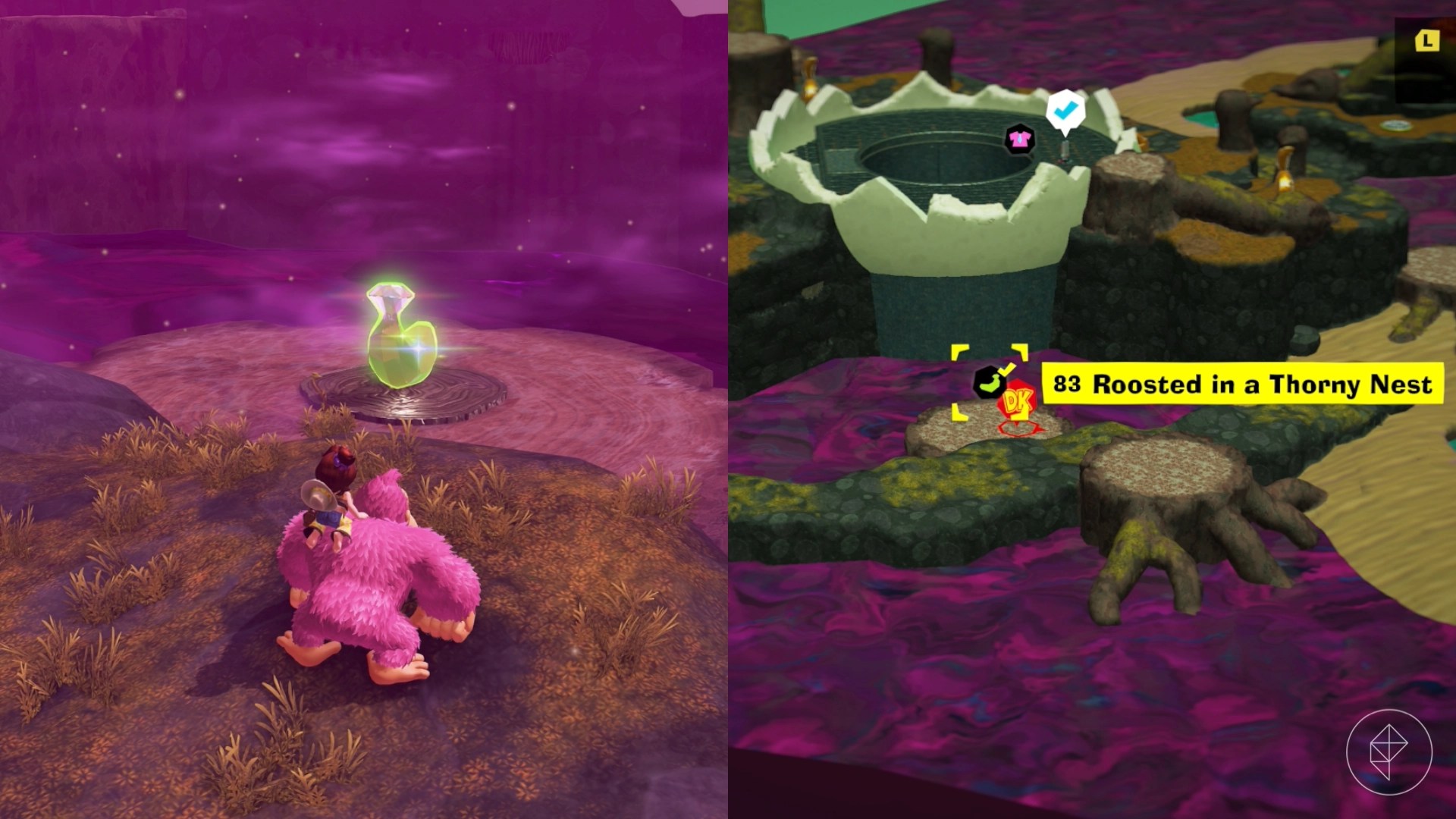 Donkey Kong standing in front of a golden banana along with its location marked on the map of Donkey Kong Bananza.
