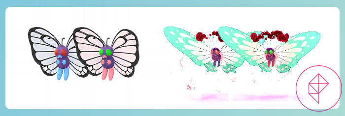 Butterfree and Gigantamax Butterfree with its shiny forms in Pokémon Go. Both shinies get green eyes and pink arms and legs.