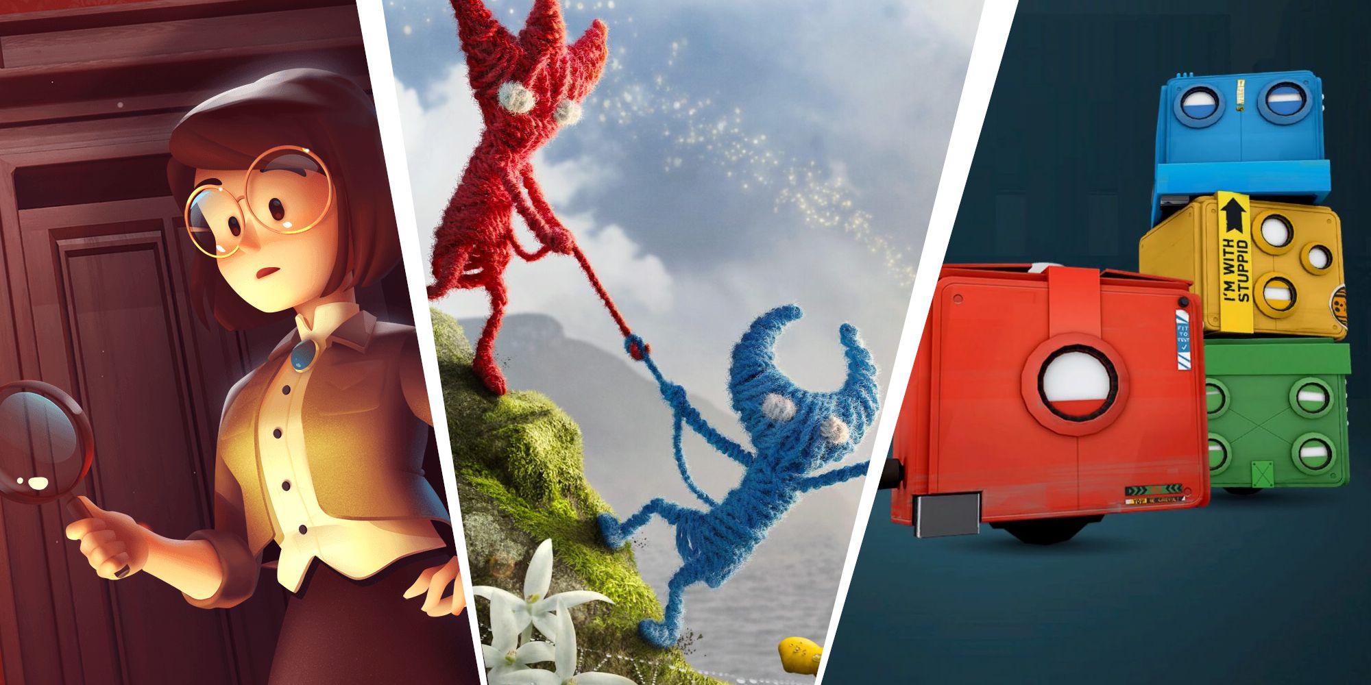 Thumbnail for the Best Co-op Puzzle Games list, featuring Escape Simulator, Unravel 2, and Death Squared