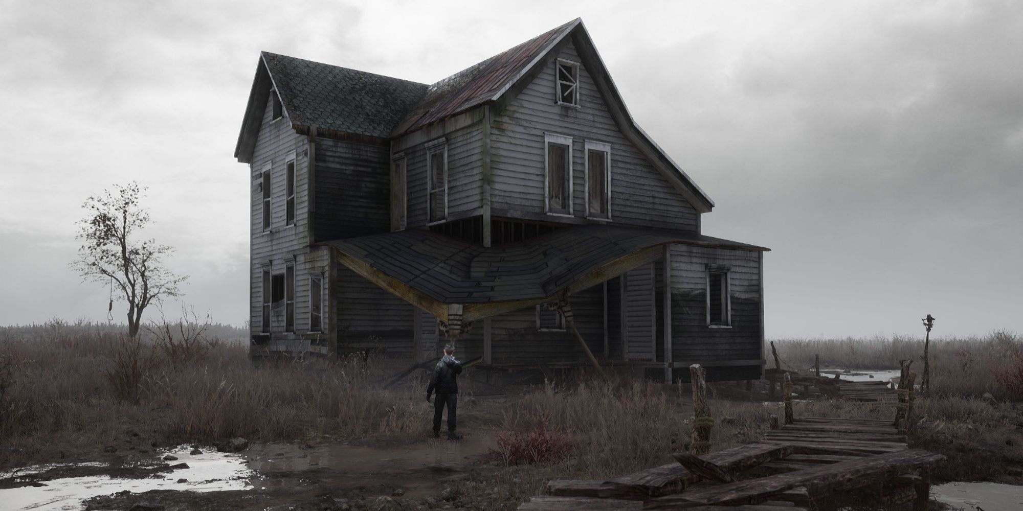 Psychological Horror Adventure Stray Souls protagonist Daniel stands outside his grandmother's home.
