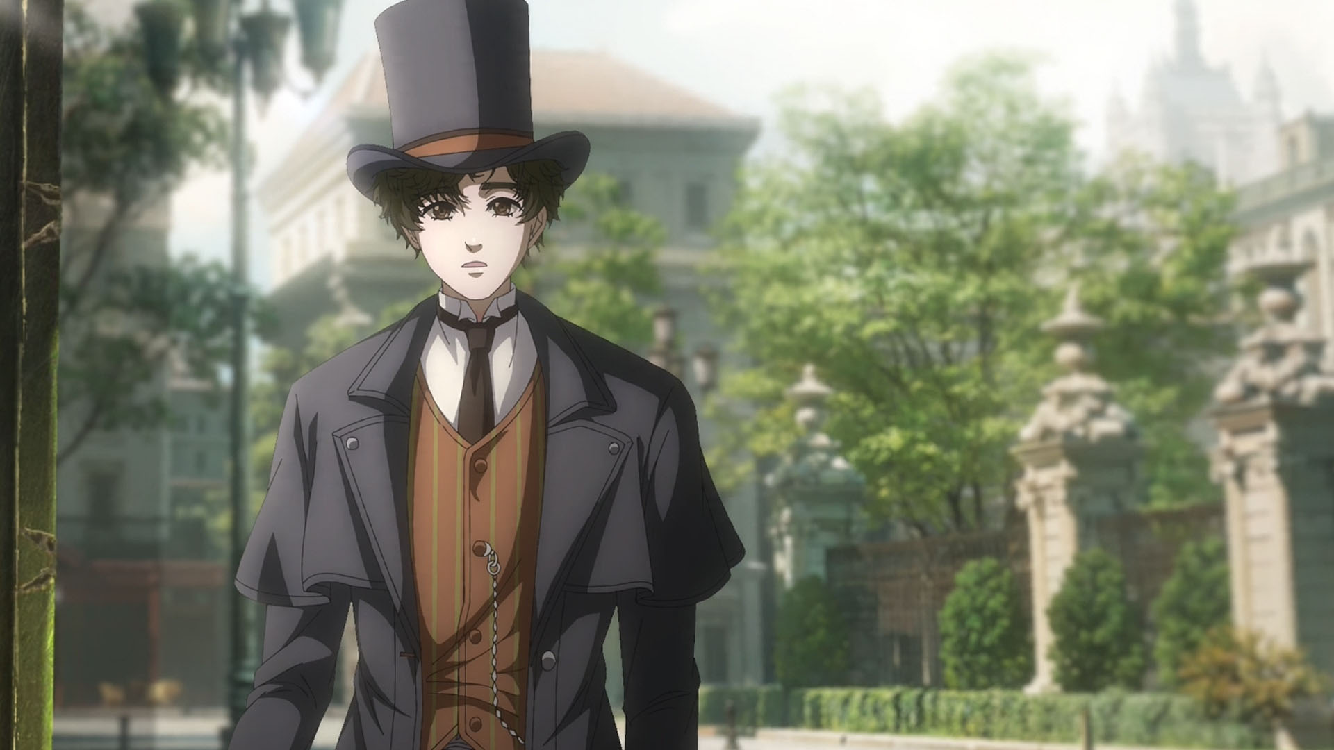 A scene from Lord of Mysteries showing Klein Moretti, a young man wearing a top hat and a long black coat in Victorian fashion.