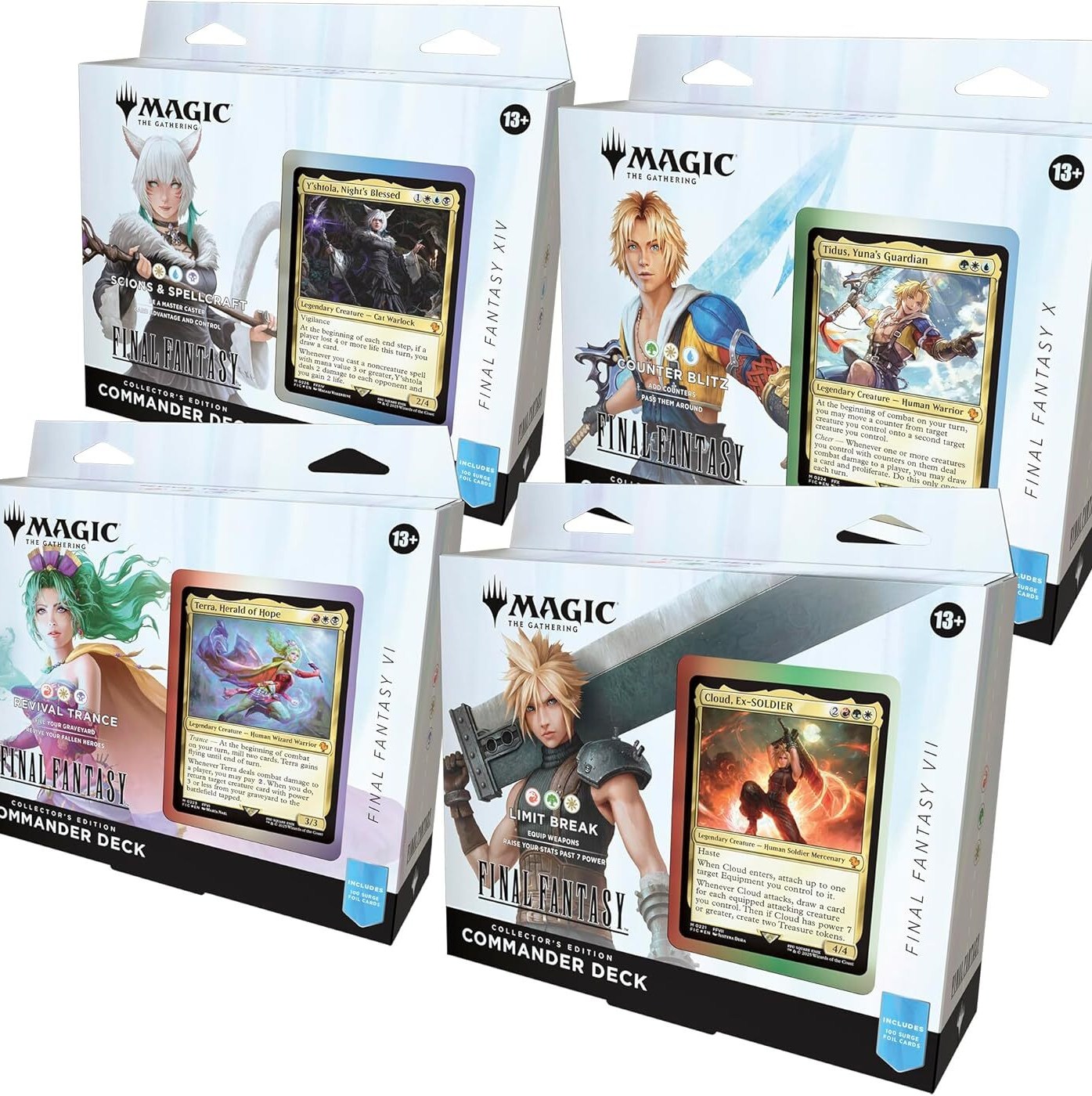 Photos of the packaging for the 4 Magic: The Gathering Final Fantasy commander decks