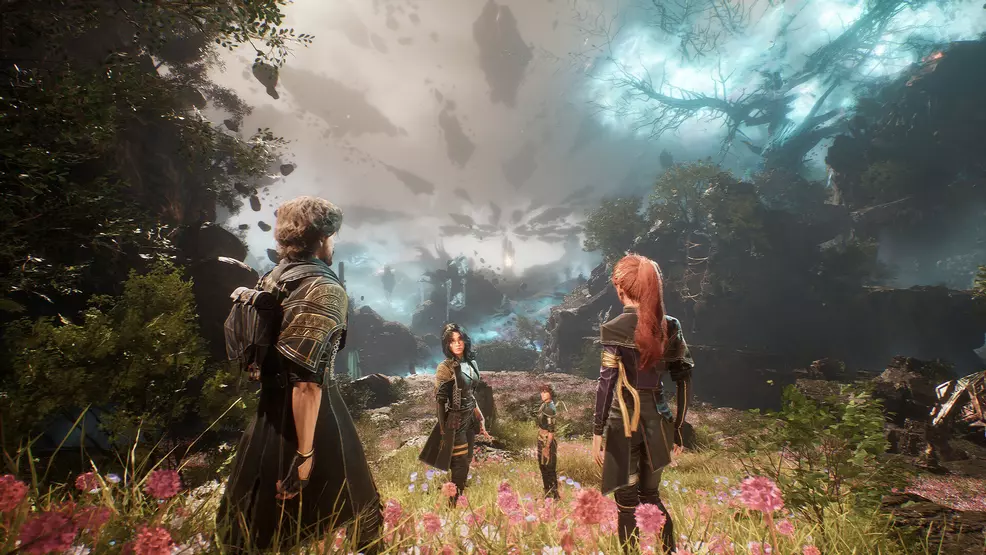 The main party in Clair Obscur: Expedition 33 standing on a hill.