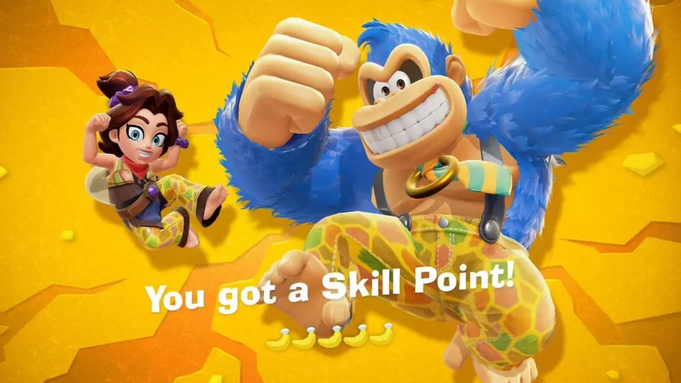 Donkey Kong and Pauline cheer after the player gets a skill point in Donkey Kong Bananza
