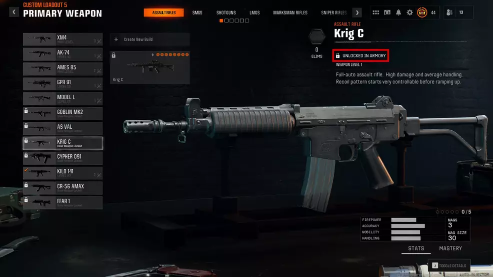 The Krig C marked with Unlocked in Armory in Call of Duty: Black Ops 6