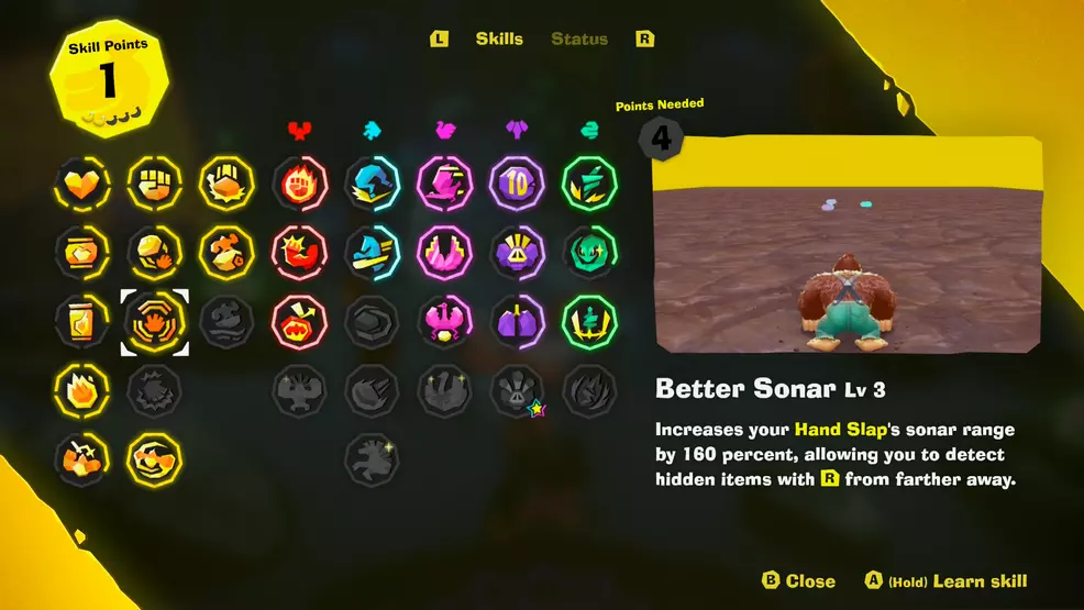 Donkey Kong Bananza's skill tree, highlighting the Better Sonar skill