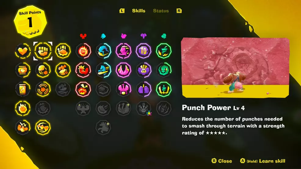 Donkey Kong Bananza's skill tree, highlighting the Punch Power skill.