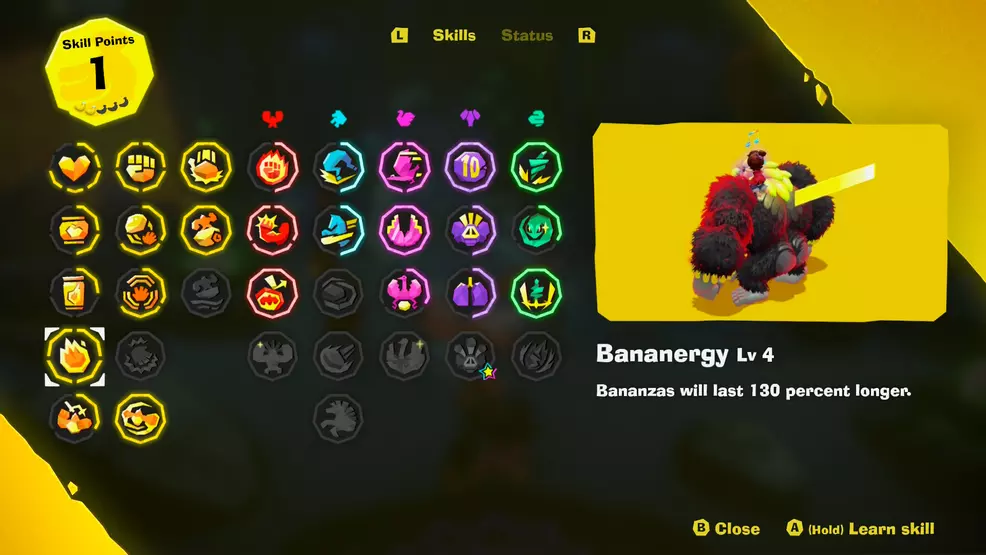 Donkey Kong Bananza skill tree, highlighting the Bananergy skill.