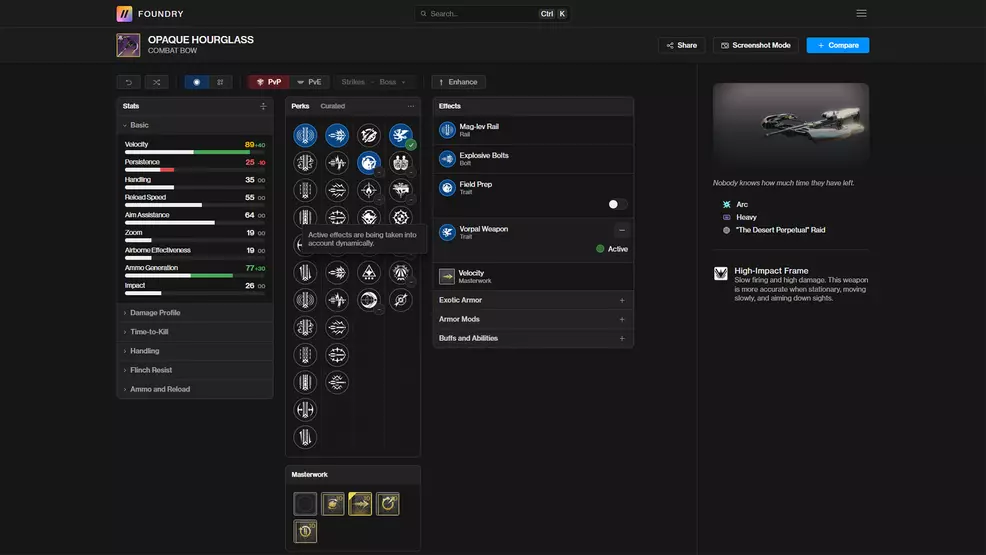 The D2Foundry page for the Opaque Hourglass PvE god roll in Destiny 2: The Edge of Fate