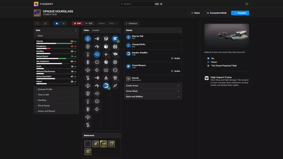 The D2Foundry page for the Opaque Hourglass PvP god roll in Destiny 2: The Edge of Fate